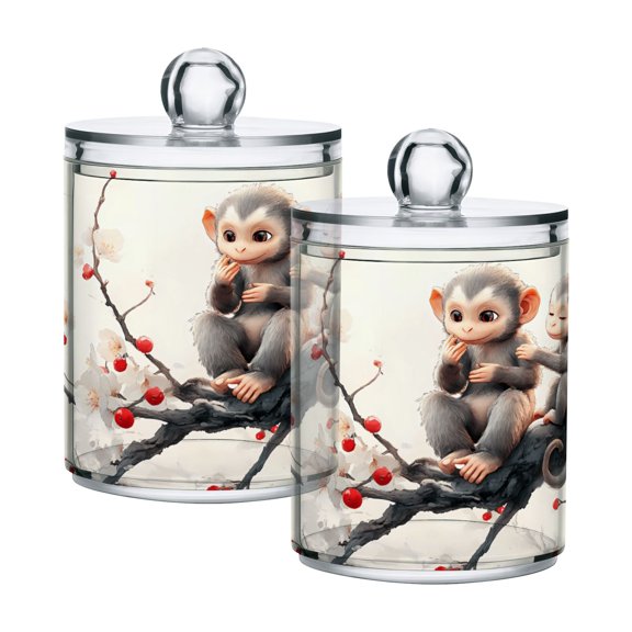 2 Pack Cute Monkeys on Flower Branch Qtip Holder Dispenser Clear Plastic Storage Apothecary Jars for Cotton Swabs Balls Pads Floss