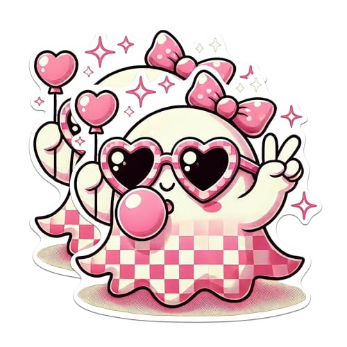 (2 Pack) Cute Pink Ghost Blowing Bubbles Stickers - 5 Inches On Longest Side - Premium Vinyl Decal - Sticks to Any Smooth Flat Surface - Made in USA - BMCS2066