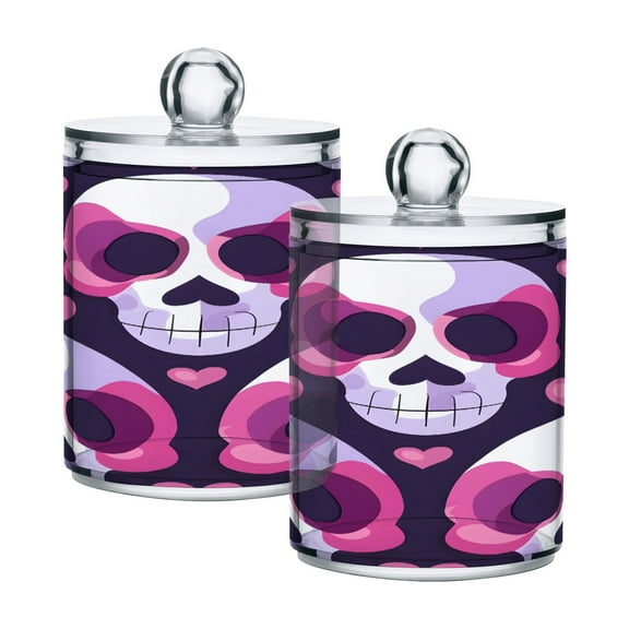 2 Pack Cute Skull Head and Heart Qtip Holder Dispenser Clear Plastic Storage Apothecary Jars for Cotton Swabs Balls Pads Floss