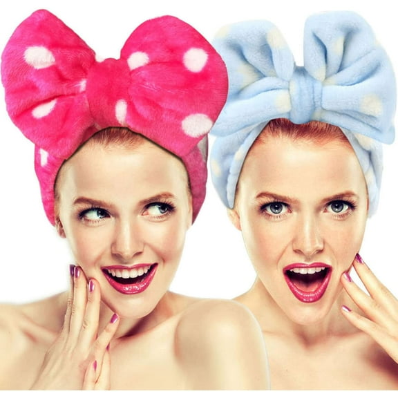 2 Pack Cute Stretchy Bow Knot Wash Face Headbands, Lovely Towel hair band for Make-up, Shower, Spa, Massage and Sporting (Light Blue/Roseo)