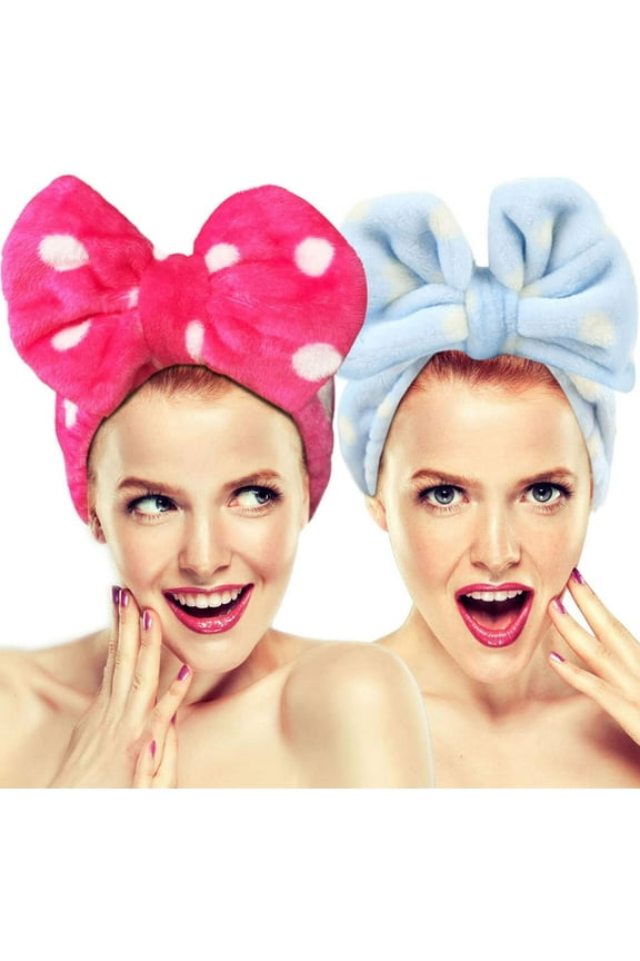 2 Pack Cute Stretchy Bow Knot Wash Face Headbands, Lovely Towel hair band for Make-up, Shower, Spa, Massage and Sporting (Light Blue/Roseo)