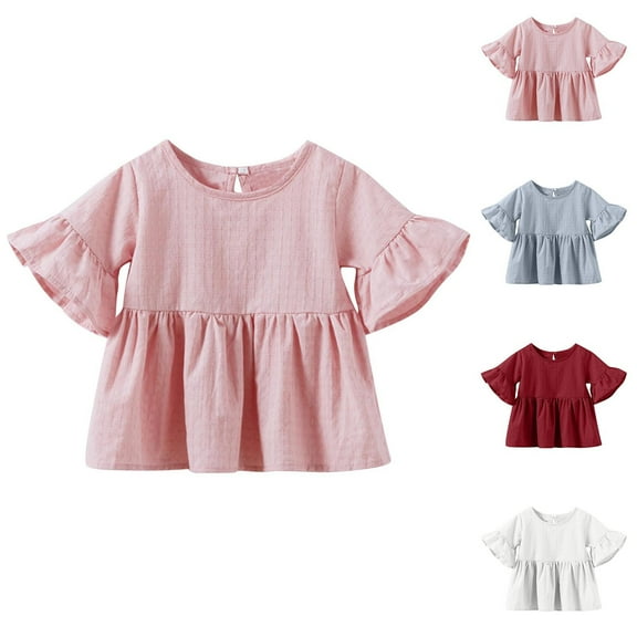 2 Pack Cute Tops for Girls 2025 Cotton Bell-Sleeve T Shirts Toddlers Kids 0-4Y Pullover Crewneck Solid Color Peplum Blouses Top
