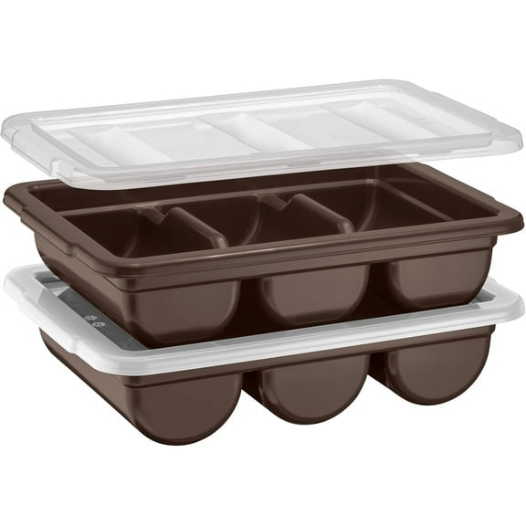2 Pack - Cutlery Bin with Lid,Commercial 3-Compartment Flatware Tray with Cover, Large Silverware Divided Storage Plastic Container, Restaurant Condiments Holder, Covered Utensil Organizer Box, Brown
