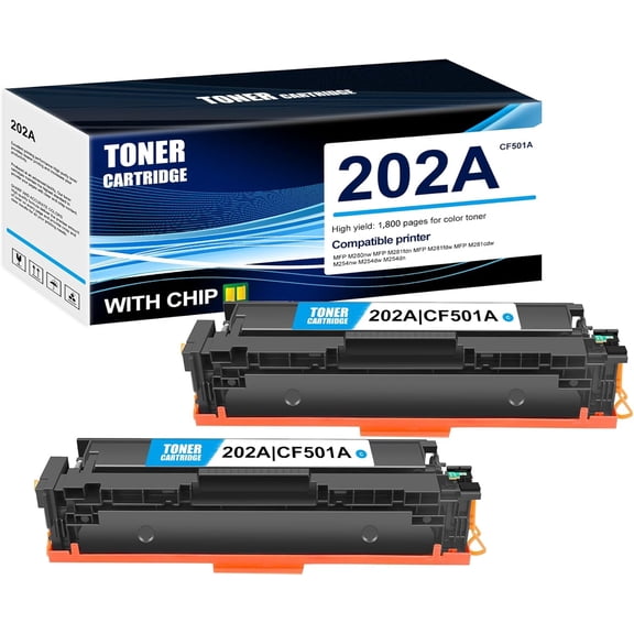 2-Pack Cyan 202A CF501A Toner Cartridge: Compatible 202A CF501A Replacement for HP MFP M280nw MFP M281fdn MFP M281fdw MFP M281cdw M254nw M254dw M254dn Printer