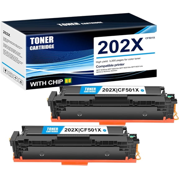 2-Pack Cyan 202X CF501X Toner Cartridge: Compatible 202X CF501X Replacement for HP MFP M280nw MFP M281fdn MFP M281fdw MFP M281cdw M254nw M254dw M254dn Printer