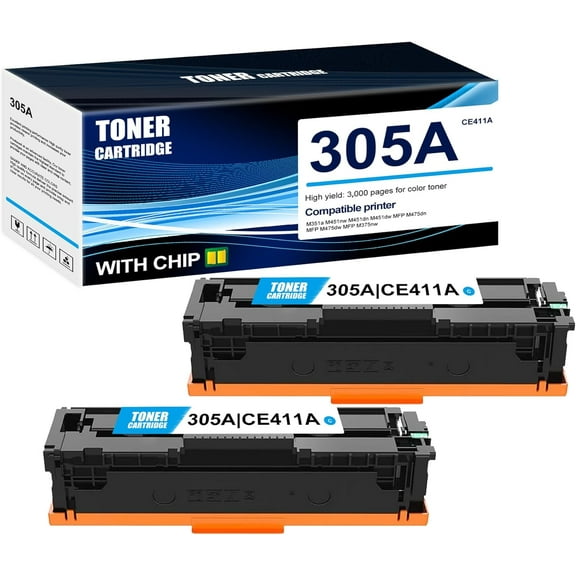 2-Pack Cyan 305A CE411A Toner Cartridge: Compatible 305A CE411A Replacement for HP M351a M451nw M451dn M451dw MFP M475dn MFP M475dw MFP M375nw Printer