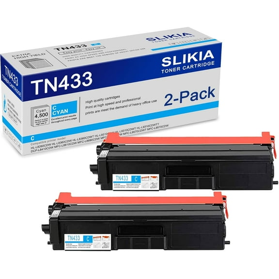 2-Pack Cyan TN433 Toner Cartridge: Compatible TN433 TN-433 Replacement for Brother HL-L8250CDN L8350CDW/CDWT MFC-L8600CDW 9460CDN L8850CDW L8650CDW DCP-9050CDN 9055CDN 9270CDN L8400CDN Printer