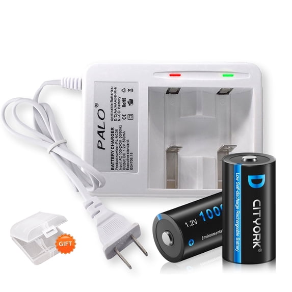 2 Pack D Size Rechargeable Batteries with Charger, 10000mAh High Capacity 1.2V Ni-MH Battery with 2 Slots LED Smart Battery Charger For 1.2V AA AAA C D Size Ni-MH Batteries