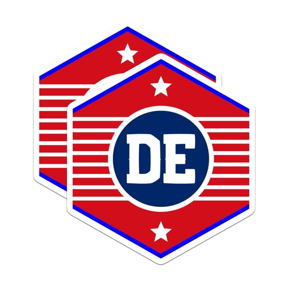 (2 Pack) DE Logo Stickers - Red White Blue - Initials Decal - 5" On Longest Side - Sticks to Smooth Flat Surfaces - Made in USA - BMCS17955
