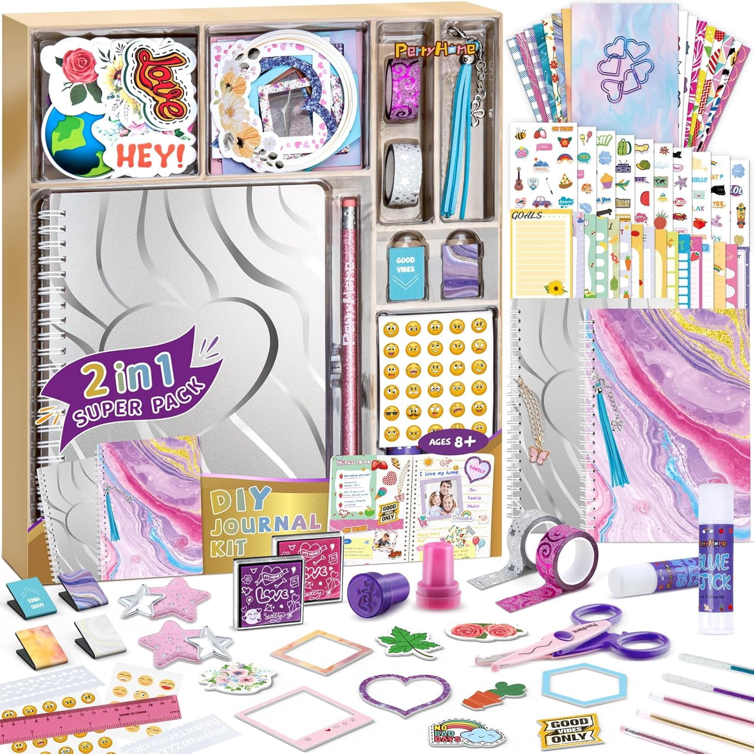2-Pack DIY Journal Kit for Girls - 200+Pcs Journal Set for Teen & Tween Girls, Journaling Art & Crafts Kits,Scrapbook&Diary Supplies Set, Christmas Gifts for 8 9 10 11 12 13 14 Year Old Girl