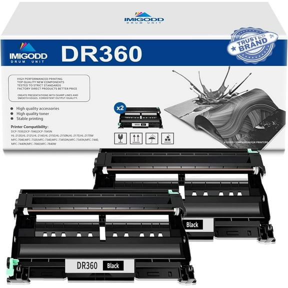 2-Pack DR360 Black Drum Unit Replacement for Brother High Capacity 15,000 Pages with DCP-7030 7040 7045N HL-2120 2125 2140 2150 2170 MFC-7040 7340 7345DN 7440 7840 Printer