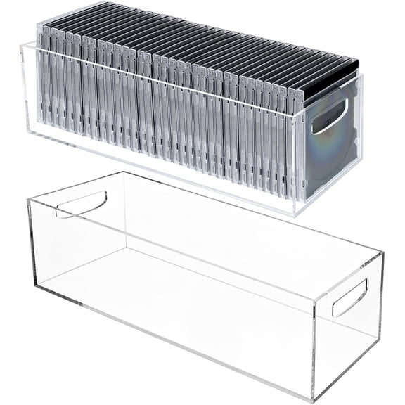 2 Pack DVD/CD Storage Box Acrylic Clear DVD Holder Case with Handles Stackable Container Shelf Organizer Bin for CDs Video Games Cases Blu-Rays Books Booklets Countertop Cabinet Home Office