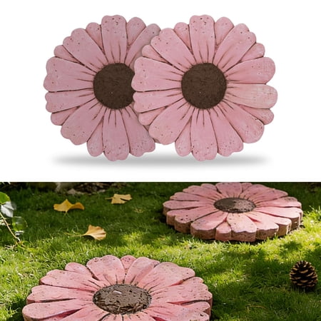 2 Pack Daisy Cement Stepping Stones 10 Inch, Heavy Duty Garden Pathway Stones, Non Slip Outdoor Walkway Decor for Yard Patio Lawn, Weather Resistant Cement Stepping Stones (Pink)