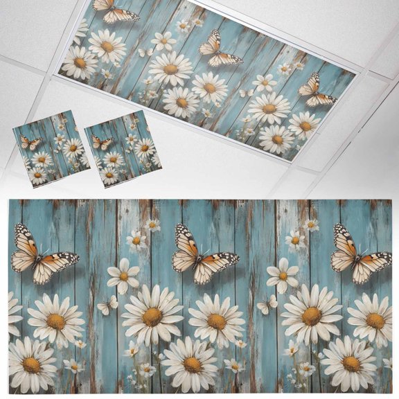 2 Pack Daisy Fluorescent Light Covers for Ceiling Lights Daisy And Butterfly Teal Vintage Wood Pastoral Magnetic Ceiling Light Covers Overhead Light Filters for Office Classroom Home