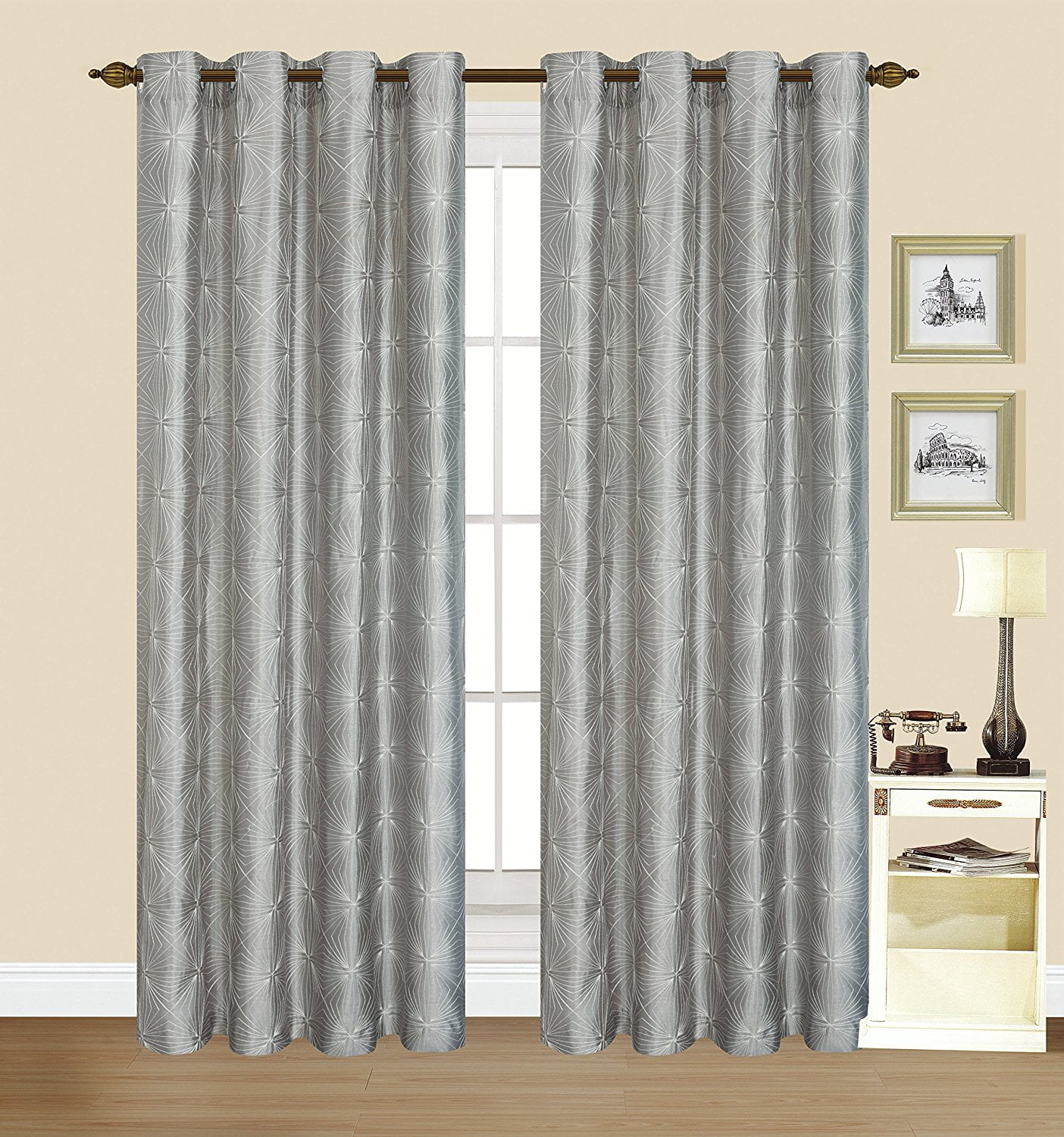 2 Pack Dana Gray Faux Silk 55"x84" Decorative Window Curtain Panel with Geometric Embroidery Design in White/Silver and Grommets