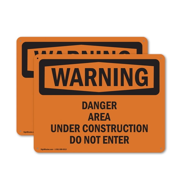(2 Pack) Danger Area Under Construction Do Not Enter OSHA Warning Sign 18 Inch X 12 Inch Plastic Sign, Weather Resistant, UV Protected for Workplace, Business, and Construction Site, Made in the USA