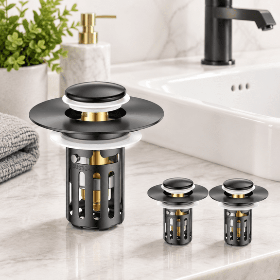 2 Pack Dark Black All Metal Universal Fit Bathroom Sink Stopper with Hair Catcher