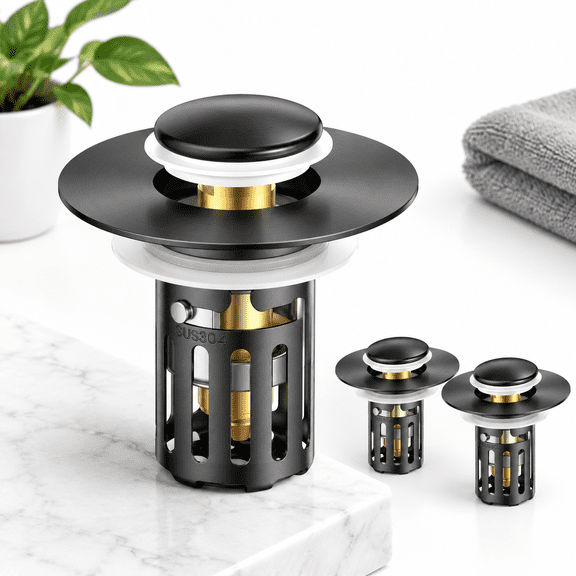 2 Pack Dark Black All Metal Universal Fit Bathroom Sink Stopper with Hair Catcher