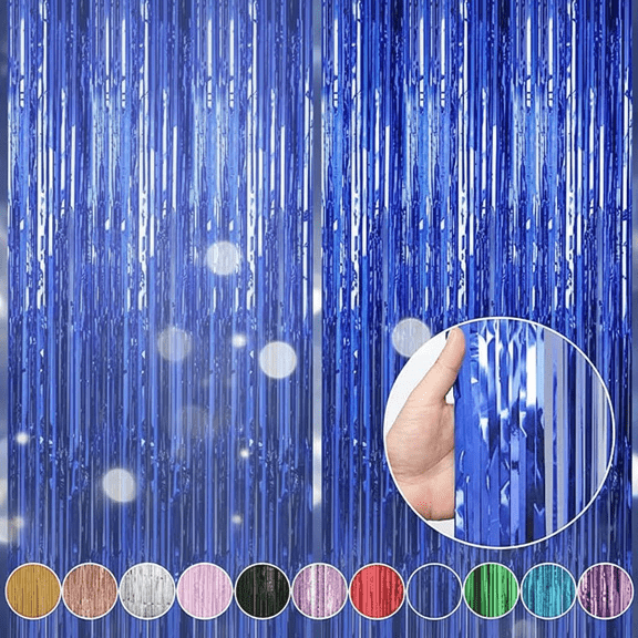 2 Pack Dark Blue Foil Fringe Curtains for Party Decorations, 3.3x9.9ft Glitter Tinsel Backdrop for Birthday Events, Door Streamers and Celebration Decor