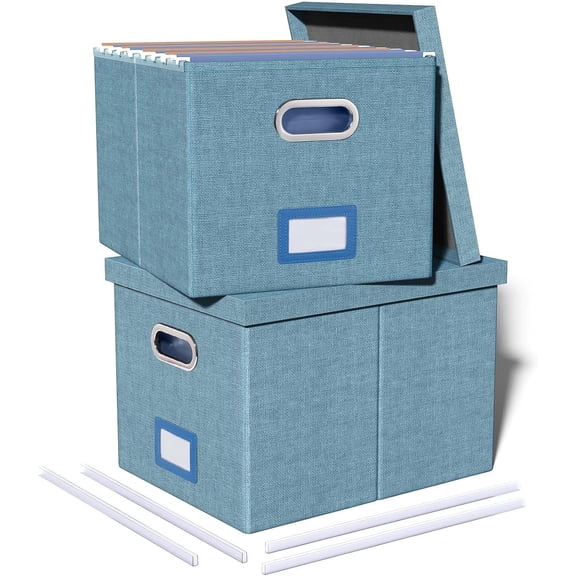 2 Pack Dark Blue Foldable File Storage Organizer Box with Lid for Letter and Legal Folders