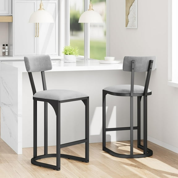 2 Pack Dark Gray Upholstered Counter Height Bar Stools with Backrest, High Back Counter Height Bar Stools with White Velvet Upholstery & Gold Metal Legs,Soft Padded Kitchen Island Stools