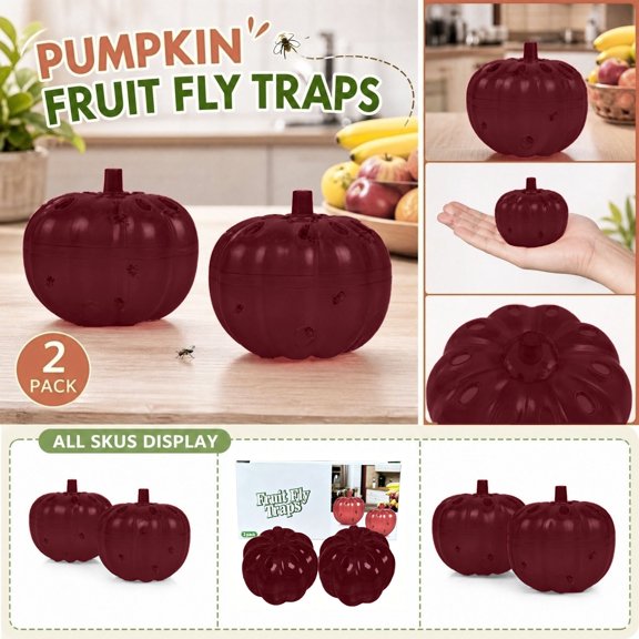 2-Pack Dark Red Pumpkin Fly Trap, Sticky Fruit Fly Catcher with Strong Adhesive, Non-Toxic Insect Trap for Kitchen Home, Lure Not Included