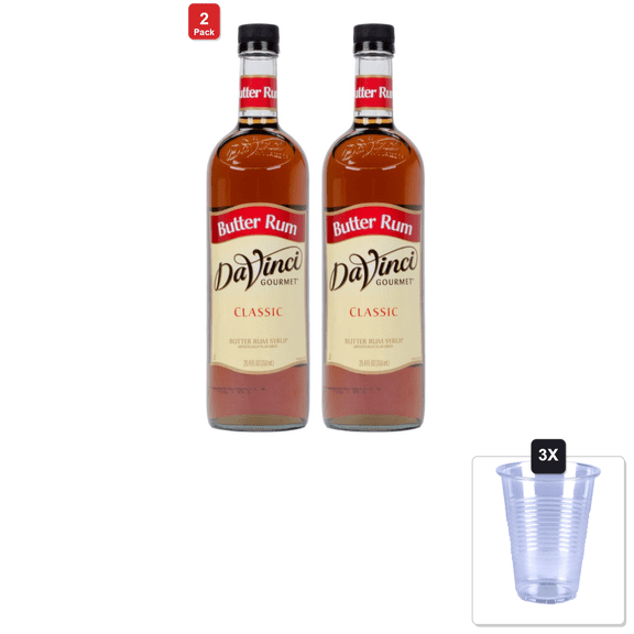2 Pack | Davinci Gourmet Classic Flavored Syrups Butter Rum 750 Ml & 3x 16oz Plastic Cup with Strawless Sip-Lid