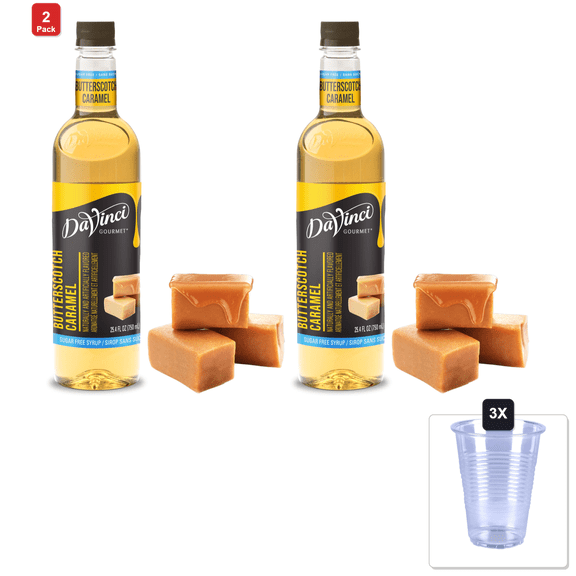 2 Pack | Davinci Gourmet Sugar-Free Butterscotch Caramel Syrup, 25.4 Fluid Ounces & 3x 16oz Plastic Cup with Strawless Sip-Lid