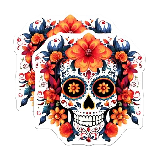 (2 Pack) Day of The Dead Skull Magnets - Sugar Skull Ative Magnets - Floral Skull Magnets - 5" On Longest Side - for Cars, Fridges, Toolboxes - Made in USA - MAG4571