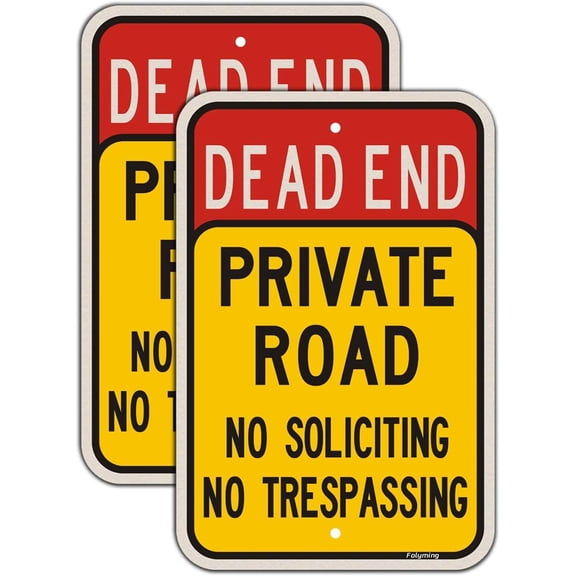 2 Pack Dead End Private Road No Trespassing No Soliciting Sign 18 x 12 Inches Private Driveway Sign Metal Reflective Sturdy Rust Aluminum Waterproof Easy to Install