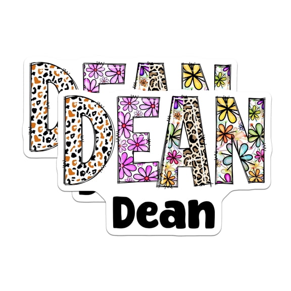 (2 Pack) Dean Name Stickers - Leopard Print Flowers - Personalized Name Sticker- 5" On Longest Side - Sticks to Smooth Flat Surfaces - Made in USA - BMCS16343