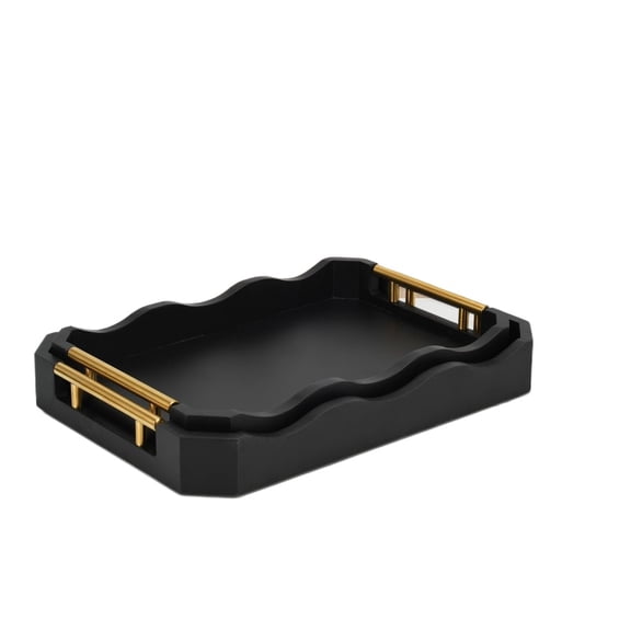 2 Pack Decorative Black Serving Tray Set with Gold Metal Handles, Nesting Ottoman Coffee Table Trays, 14.5" x 9.8" & 15.75" x 11"