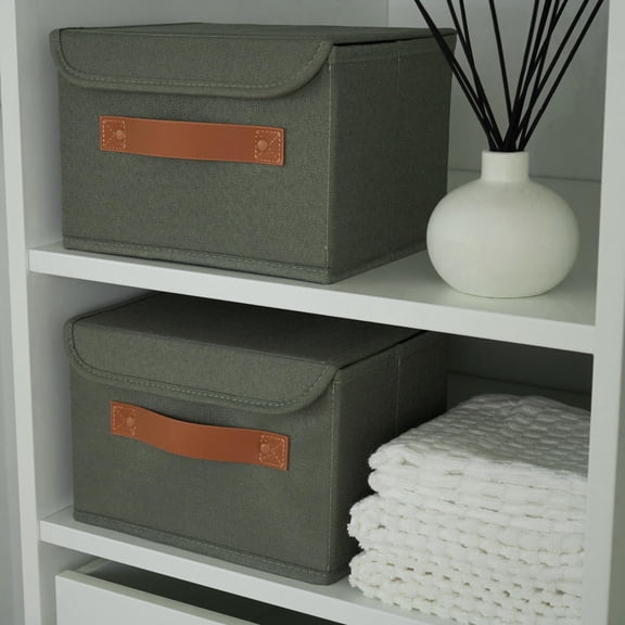 2-Pack Decorative Linen Storage Bins with Lids, Home Organizer Boxes for Photos, Documents and Keepsake Storage