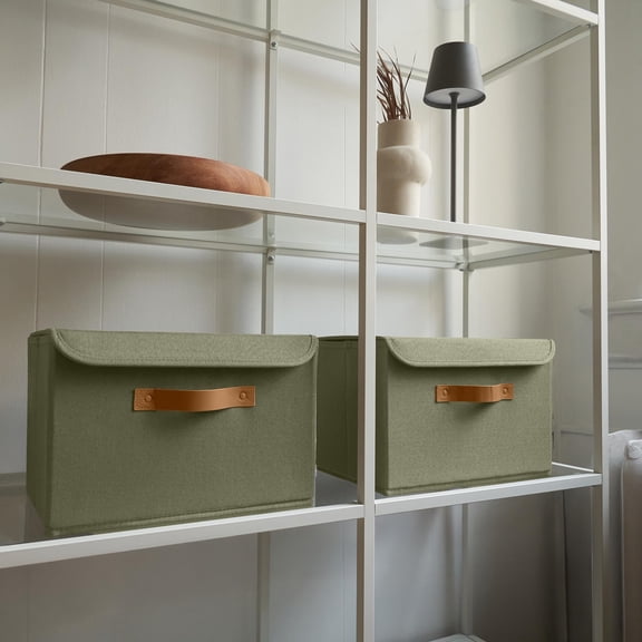 2-Pack Decorative Linen Storage Bins with Lids, Home Organizer Boxes for Photos, Documents and Keepsake Storage