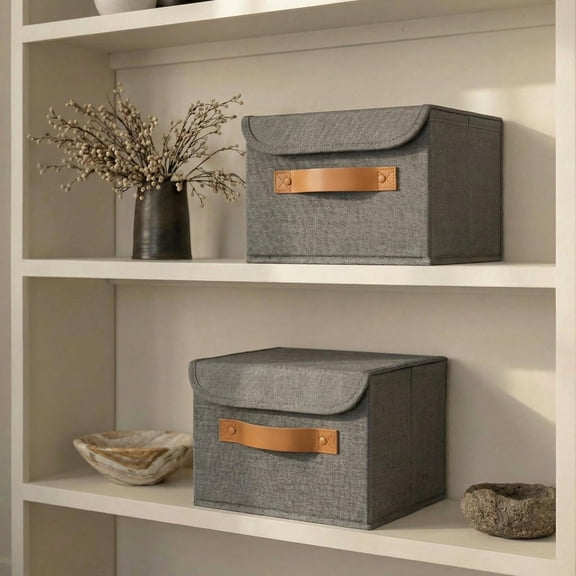 2-Pack Decorative Linen Storage Bins with Lids, Home Organizer Boxes for Photos, Documents and Keepsake Storage