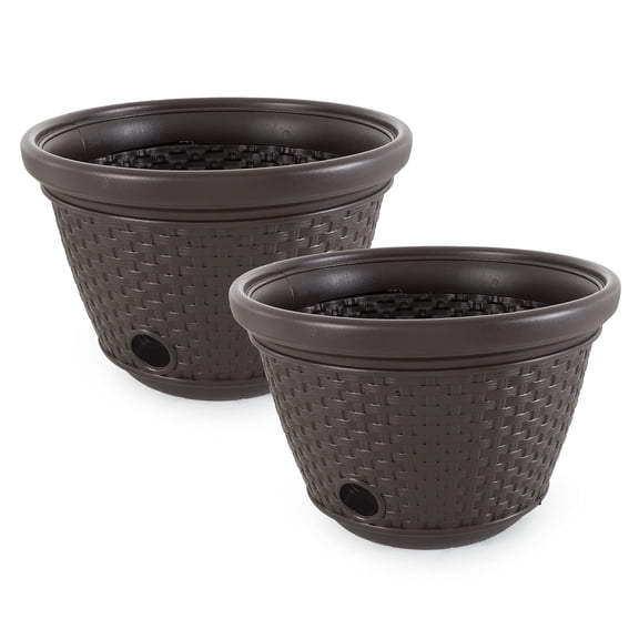 2 Pack Decorative Wicker Garden Hose Holder Pot with 4 Drain Holes for 100 Foot Hoses, Java