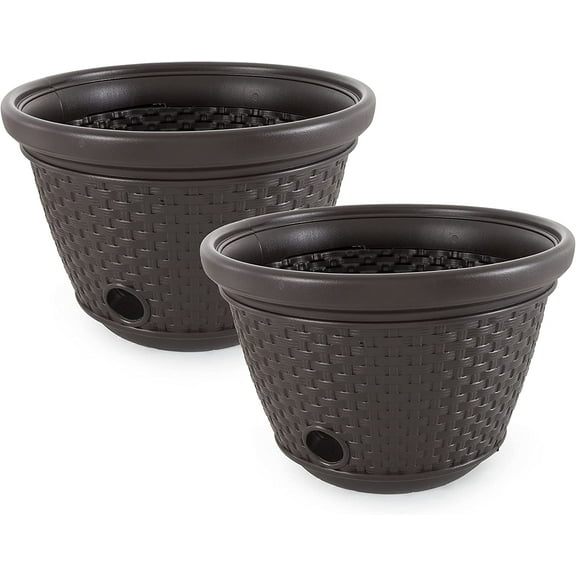 2 Pack Decorative Wicker Garden Hose Holder Pot with 4 Drain Holes for 100 Foot Hoses, Java