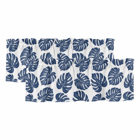 2 Pack Deep Blue Monstera Leaf Valance for Window Summer Tropical Botanical Minimalist Modern Kitchen Valance Rod Pocket Short Curtain Window Topper Treatment for Living Room Bedroom 42"x12"