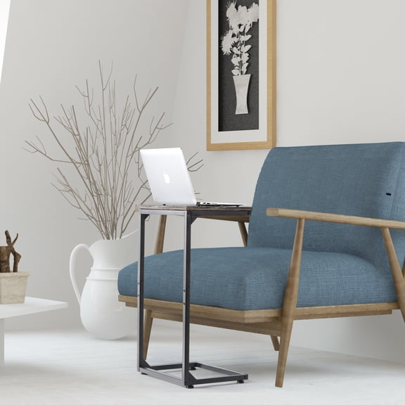 2-Pack Deep Grey C-Shape End Tables, Over The Sofa Side Table with Adjustable Feet for Laptop, Rustic Wood & Metal Frame