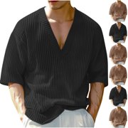 2 Pack Deep V Neck T Shirts for Men Short Sleeve Tees Tops Mens Casual Solid Color Pullover Stretchy Slim Basic Loungewear Streetwear Tshirts Shirt