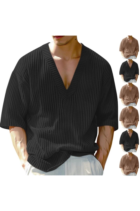 2 Pack Deep V Neck T Shirts for Men Short Sleeve Tees Tops Mens Casual Solid Color Pullover Stretchy Slim Basic Loungewear Streetwear Tshirts Shirt