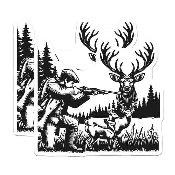 (2 Pack) Deer Hunting Stickers - Hunter Wildlife Scene - Forest Outdoorsman Decal - 5" On Longest Side - Sticks to Smooth Flat Surfaces - Made in USA - BMCS23153