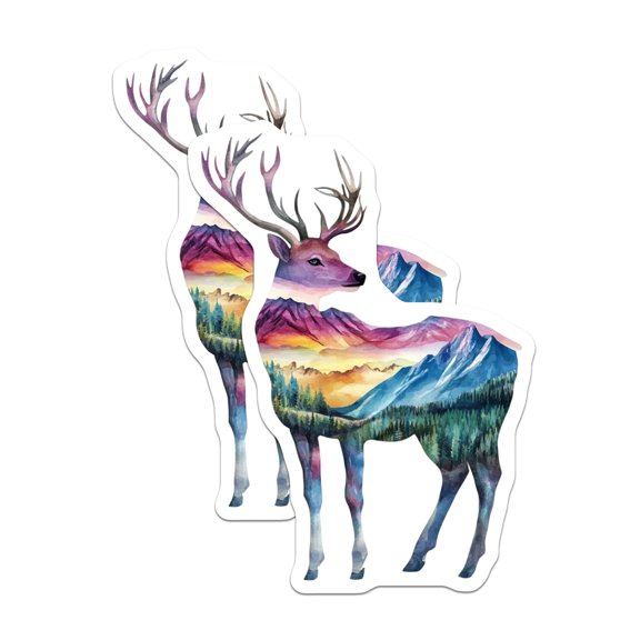 (2 Pack) Deer Landscape Magnets - Mountain Scene - Watercolor Antler Art Fridge Decals - 5" On Longest Side - Premium Magnet - for Cars, Refrigerators, Toolboxes, Lockers - Made in USA - MAG15695