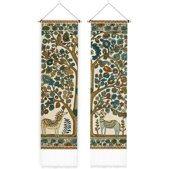 2 Pack Deer and Tree Vertical Tapestry Folk Art Style Wall Tapestry with Tassels Aesthetic Wall Hanging for Bedroom Living Room Long Narrow Art Home Decor Housewarming Gift