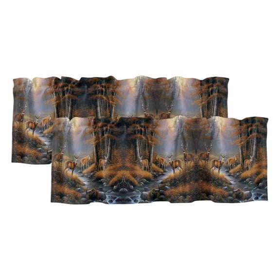 2 Pack Deer in Valance for Window the Forest Brown Trees with Creek Kitchen Valance Rod Pocket Short Curtain Topper Decorative Window Treatment for Living Room Bedroom 42"x12"
