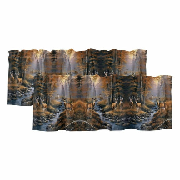 2 Pack Deer in Valance for Window Sunset Forest Kitchen Valance Rod Pocket Short Curtain Topper Decorative Window Treatment for Living Room Bedroom 42"x12"