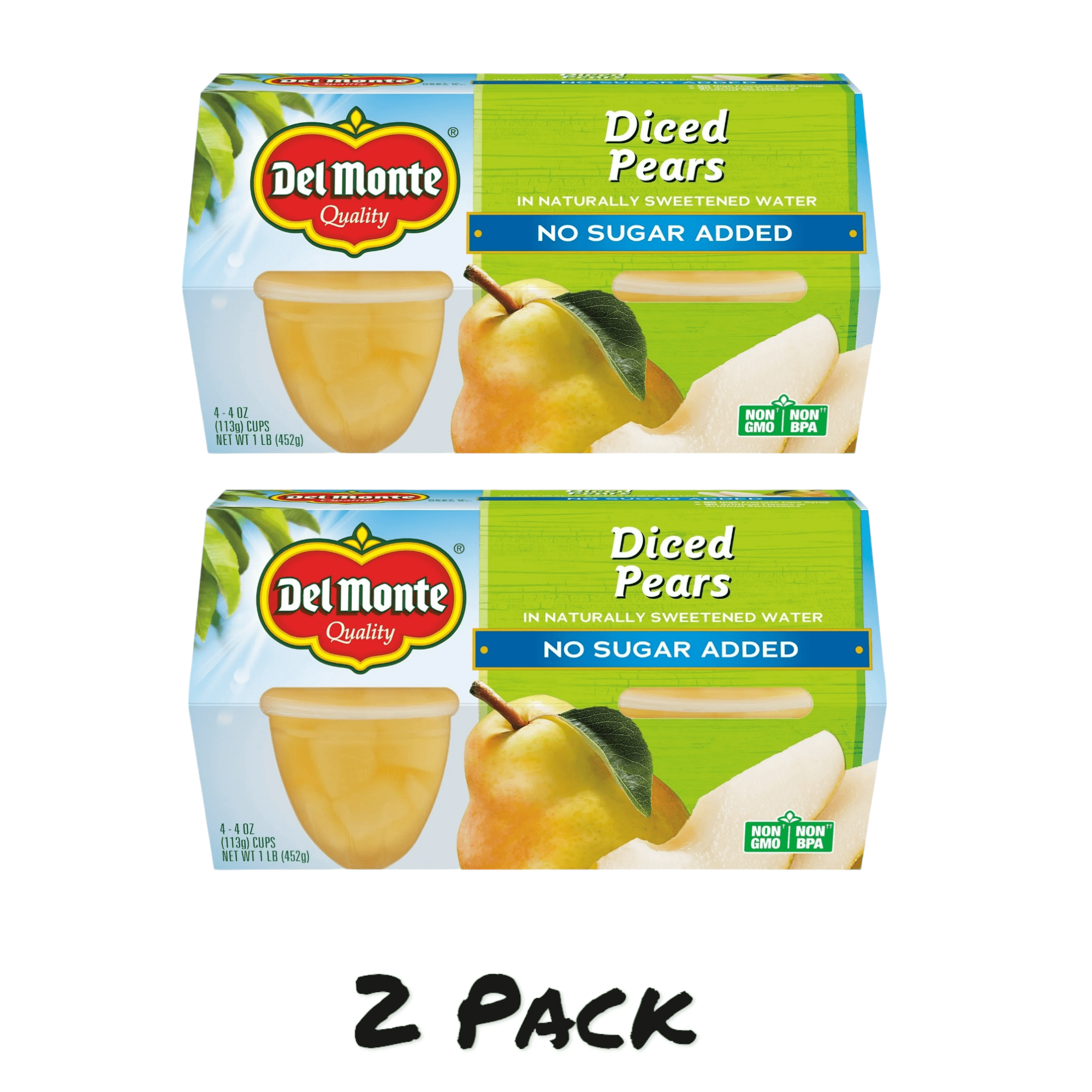 ( 2 Pack ) Del Monte Diced Pears Fruit Cup Snacks, No Sugar Added, 4 oz