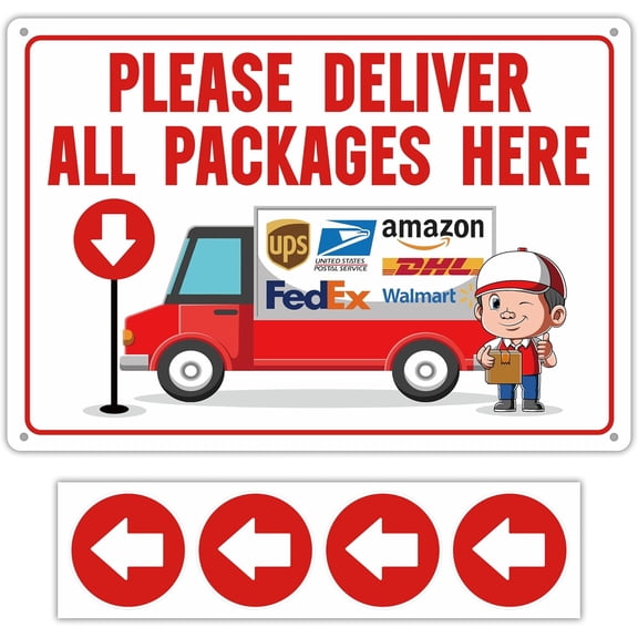 2 Pack Delivery Signs for Packages,Self-Adhesive Durable Please Deliver All Packages Here Sticker with Arrows, Leave Packages Here for Home, Office, Shop, Delivery Box, Door