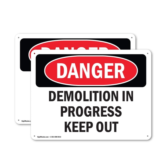 (2 Pack) Demolition In Progress Keep Out OSHA Danger Sign 24 Inch X 18 Inch Plastic Sign, Weather Resistant, UV Protected for Workplace, Business, and Construction Site, Made in the USA