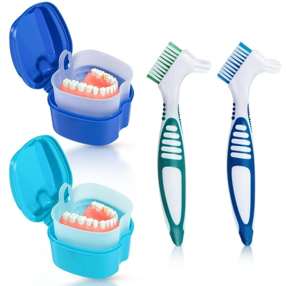 2 Pack Denture Bath Case Cup Box Holder Storage Container with Denture Clean Brush Strainer Basket for Travel Cleaning